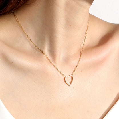18K Gold Plated Stainless Steel Heart Pendant Necklace | Hollow Outline Paved CZ | Adjustable 40+5cm  | Wholesale MOQ 12