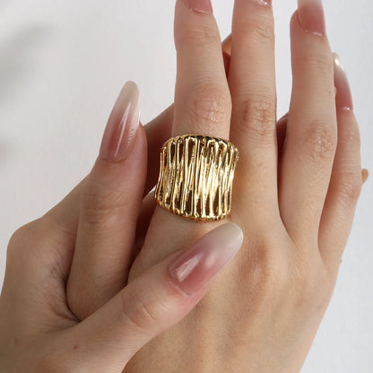 Irregular Woven Open Cuff Wide Band Gold Ring | 18K Gold Plated Stainless Steel Adjustable Open Ring | US Size 7 |  Wholesale Bulk Order 12