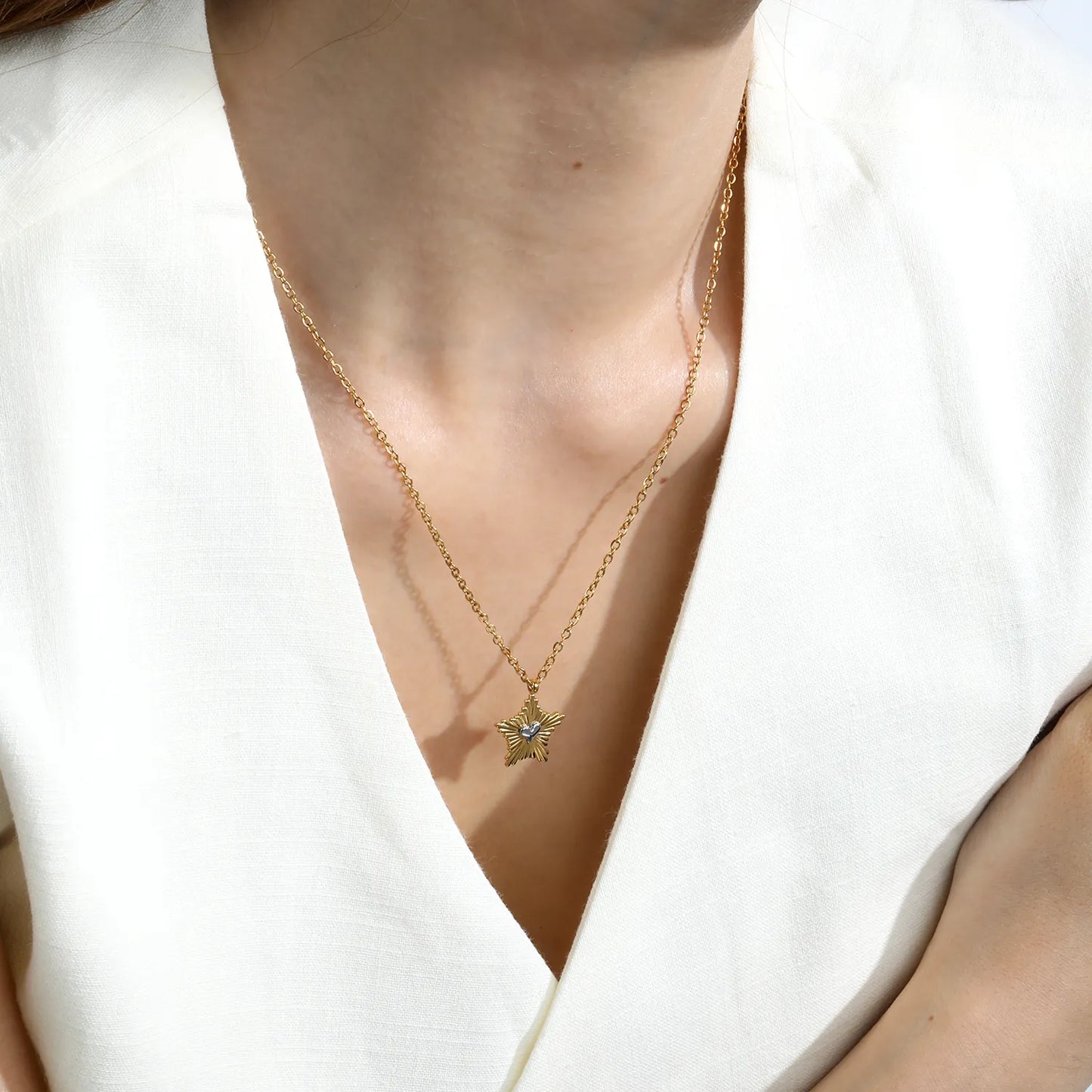 Two-Tone Sunburst Star Silver Heart Pendant 45+5cm  Necklace | 18K Gold Plated Stainless Steel | Wholesale MOQ 12