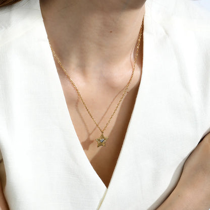 Two-Tone Sunburst Star Silver Heart Pendant 45+5cm  Necklace | 18K Gold Plated Stainless Steel | Wholesale MOQ 12