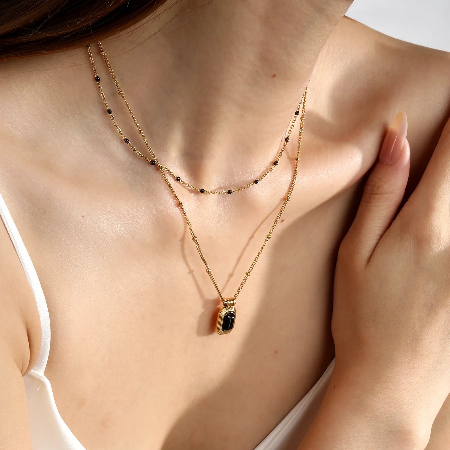 Two Layer Mixed Bead Chain Black Onyx Rectangle Pendant Necklace Adjustable | Length 45+5cm | 18K Gold Plated Stainless Steel  | Wholesale MOQ 12