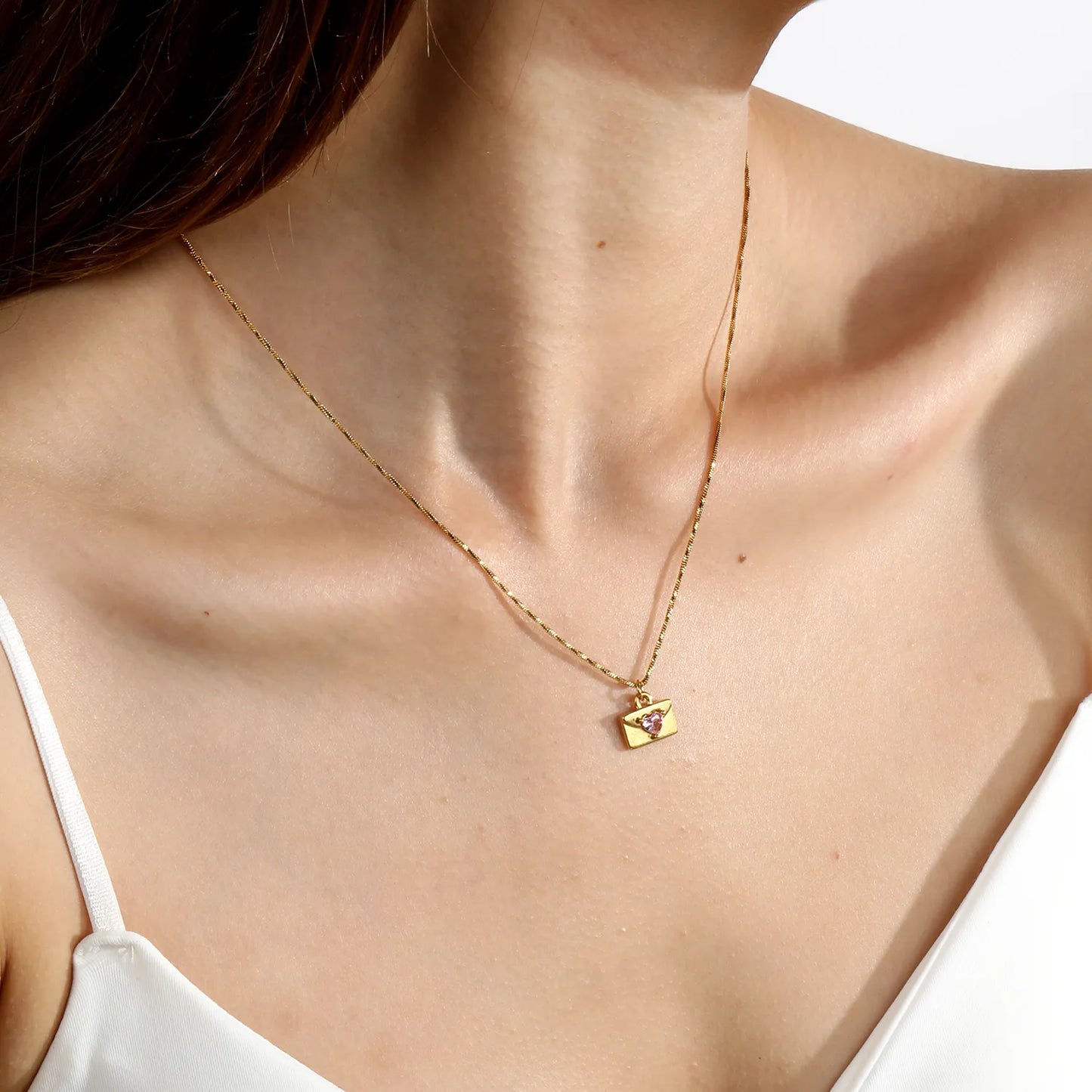 Pink Heart CZ Envelope Pendant Snake Chain Necklace | Adjustable 40+5cm | Wholesale MOQ 12