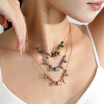 Adjustable Sun & Moon Enamel Barrel Natural Stone Bead Star Pendant 18K Gold Plated Stainless Steel Beaded Necklace | 3 Colors Available | Wholesale MOQ 12