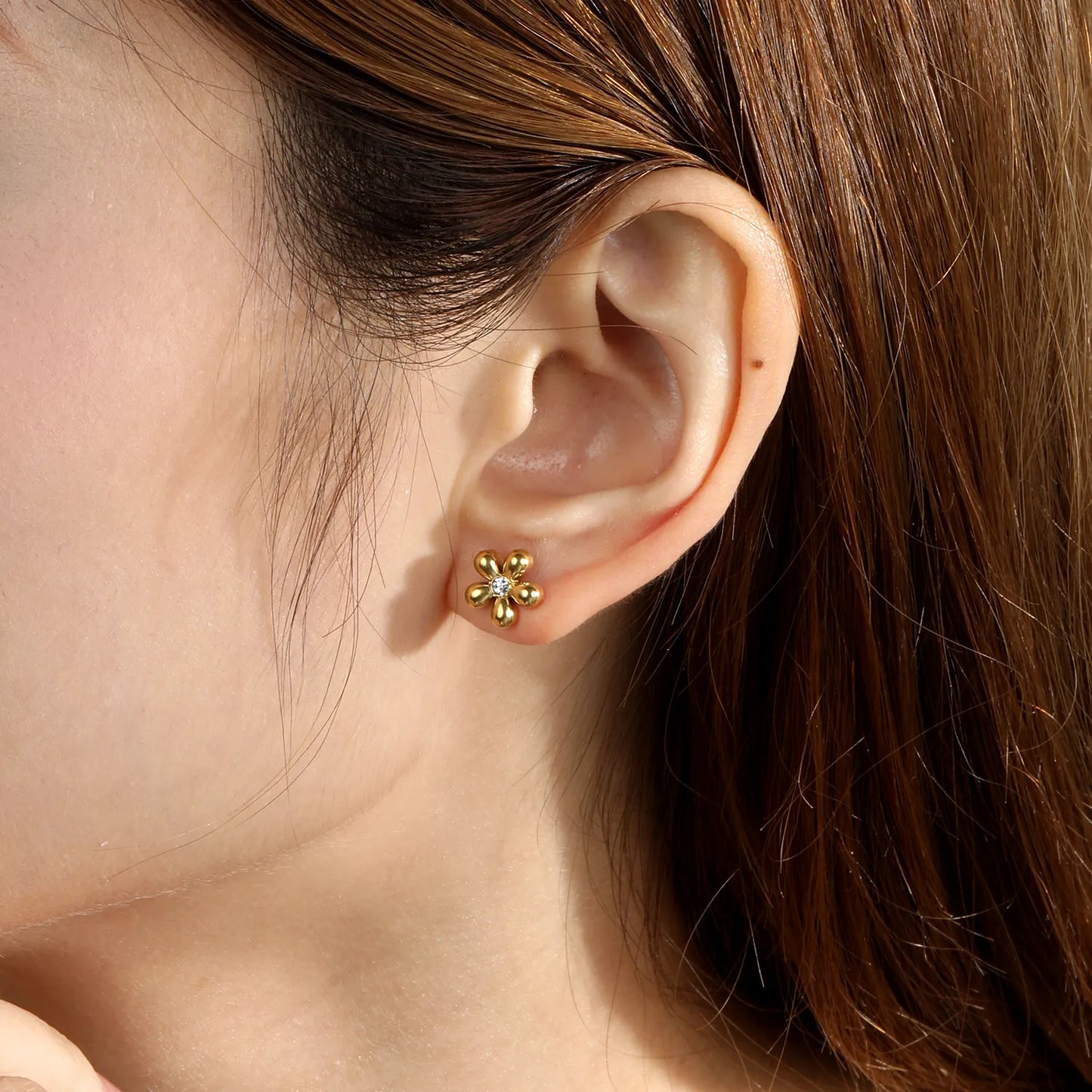 Puffy Five-Petal Flower Clear CZ Stud Earrings | 18K Gold Stainless Steel Floral Ear Studs | Card Packed 3PCS Per Set |  Wholesale MOQ 12