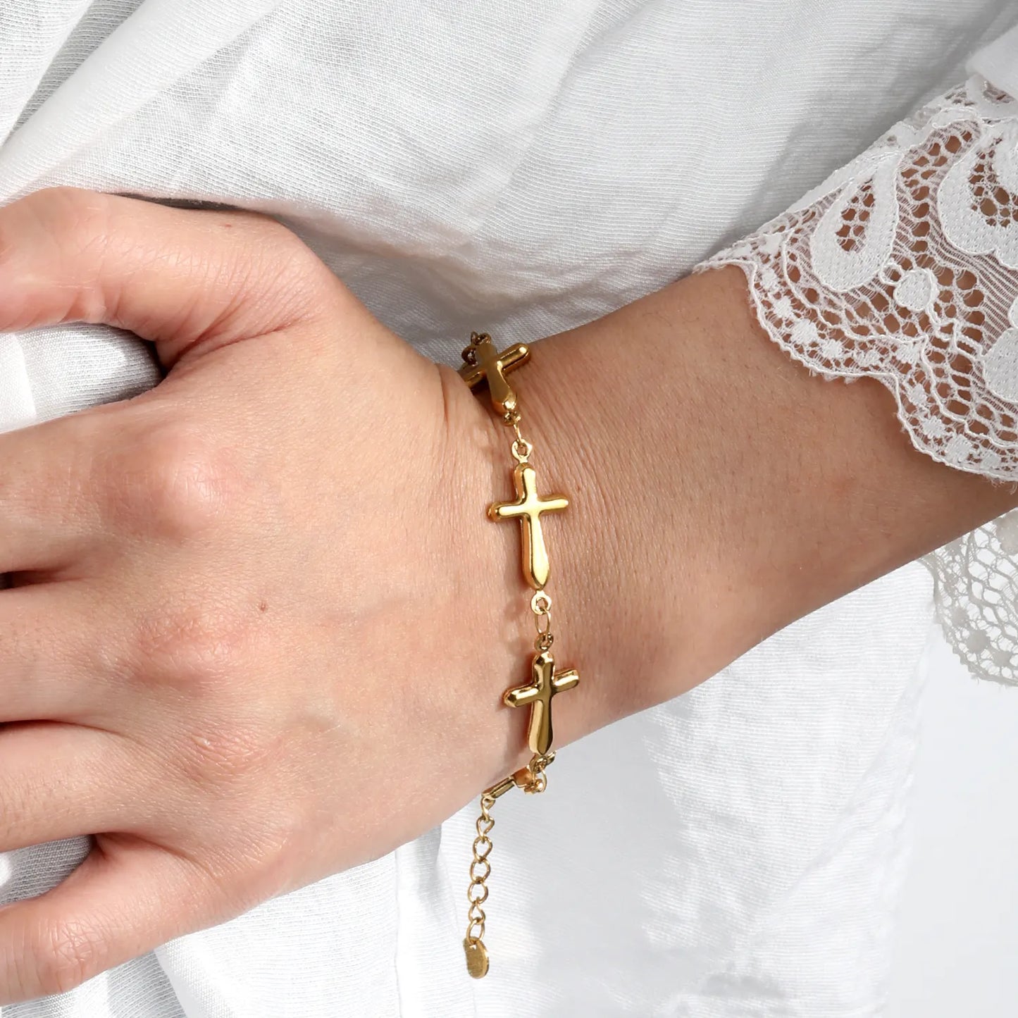 Puffy Solid Cross Charm Link Bracelet | Adjustable 18+3cm 18K Gold Plated Stainless Steel| Wholesale MOQ 12
