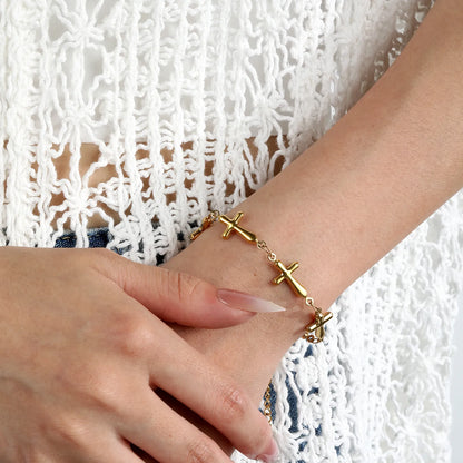 Puffy Solid Cross Charm Link Bracelet | Adjustable 18+3cm 18K Gold Plated Stainless Steel| Wholesale MOQ 12