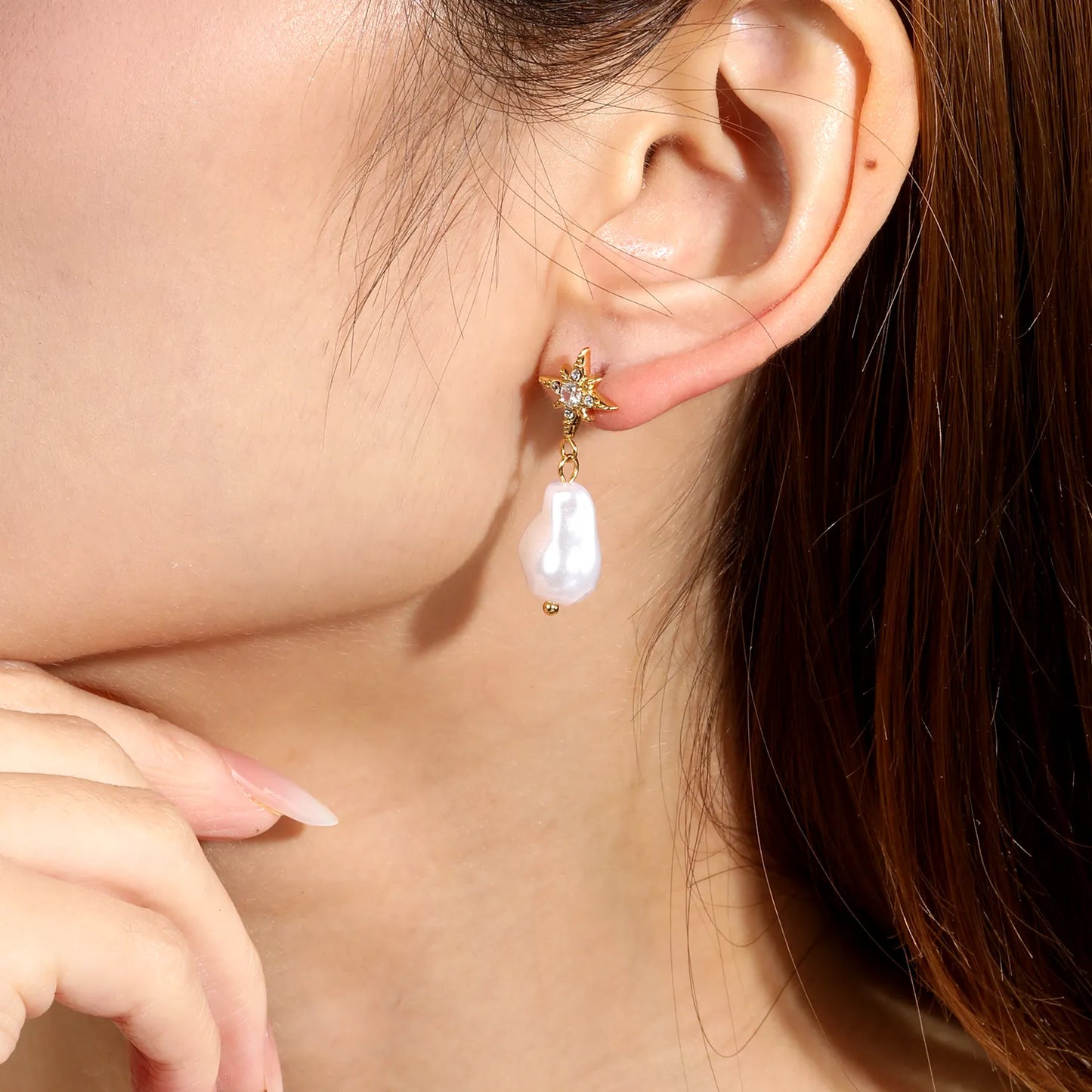 CZ North Star Irregular Baroque Pearl Drop Stud Earrings | Star 12mm | 18K Gold Plated Stainless Steel | Wholesale MOQ 12