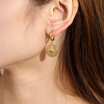 North Star Embossed Coin Dangle Huggie Earrings | 2×10mm Hoop | 18K Gold Plated Stainless Steel | Textured Medallion Drop Earrings | Wholesale MOQ 12