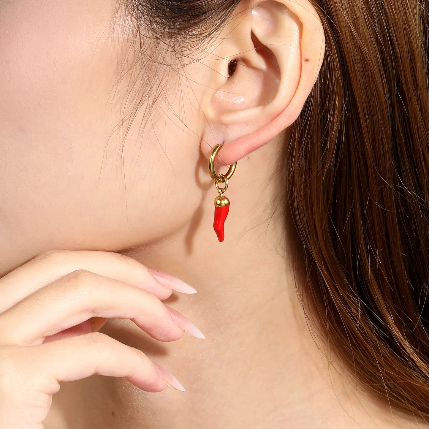 Red Enamel Chili Pepper Dangle Huggie Earrings 2×10mm Hoop | 18K Gold Plated Stainless Steel | Novelty Vegetable Drop Hoops | Wholesale MOQ 12