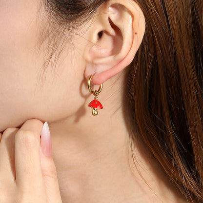 Red Enamel Spotted Mushroom Dangle Huggie Earrings | 18K Gold Plated Stainless Steel | Cute Fungus Charm Drop Hoops | Wholesale MOQ 12