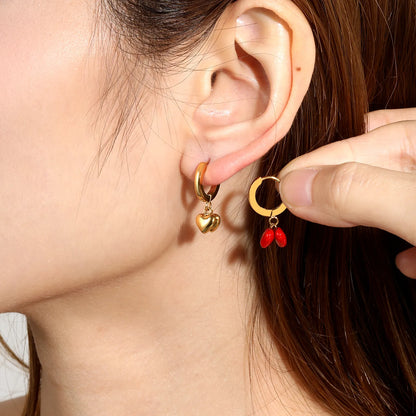 Glossy Red Enamel Double Heart Dangle Huggie Earrings | 18K Gold Plated Stainless Steel | Twin Red Love Charm Drop Hoops | Wholesale MOQ 12