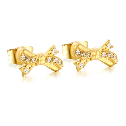 Wholesale 18K Gold Plated CZ Bow Stud Earrings | Hypoallergenic Stainless Steel Jewelry | Bulk Order MOQ 12