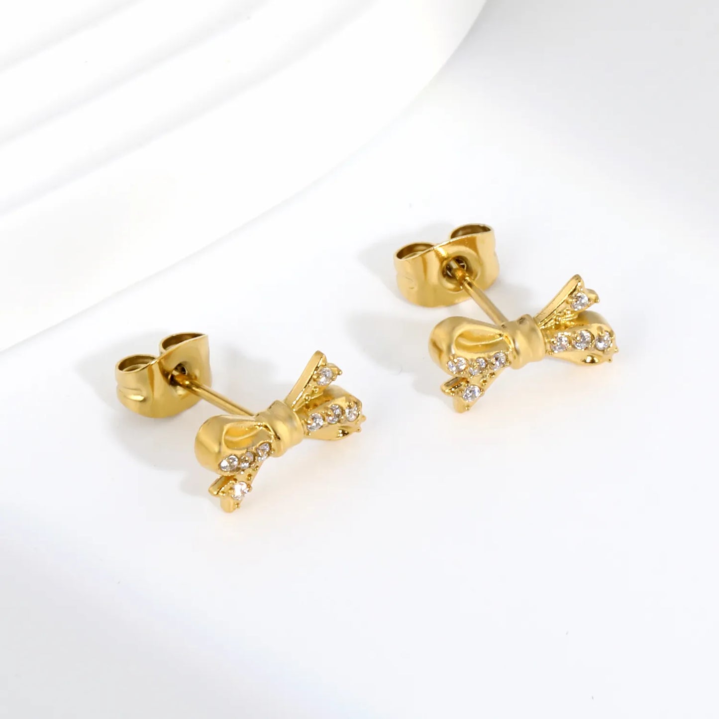 Wholesale 18K Gold Plated CZ Bow Stud Earrings | Hypoallergenic Stainless Steel Jewelry | Bulk Order MOQ 12
