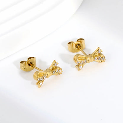 Wholesale 18K Gold Plated CZ Bow Stud Earrings | Hypoallergenic Stainless Steel Jewelry | Bulk Order MOQ 12