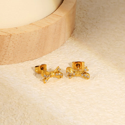 Wholesale 18K Gold Plated CZ Bow Stud Earrings | Hypoallergenic Stainless Steel Jewelry | Bulk Order MOQ 12