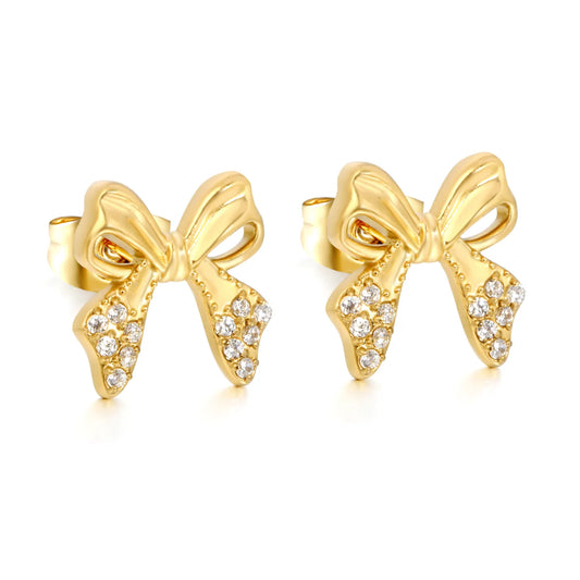 Hypoallergenic Stainless Steel Bow Stud Earrings | 18K Gold Plated with CZ Accents | Wholesale Bulk MOQ 12