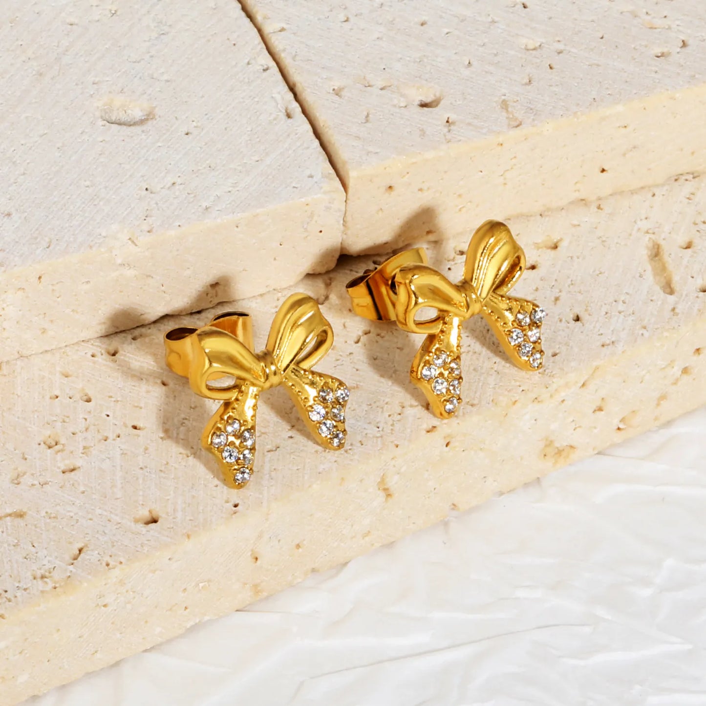 Hypoallergenic Stainless Steel Bow Stud Earrings | 18K Gold Plated with CZ Accents | Wholesale Bulk MOQ 12