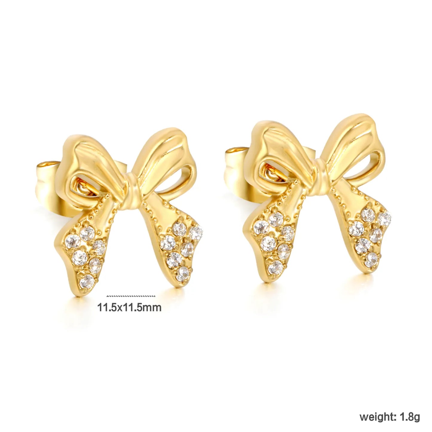 Hypoallergenic Stainless Steel Bow Stud Earrings | 18K Gold Plated with CZ Accents | Wholesale Bulk MOQ 12
