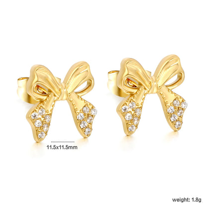 Hypoallergenic Stainless Steel Bow Stud Earrings | 18K Gold Plated with CZ Accents | Wholesale Bulk MOQ 12