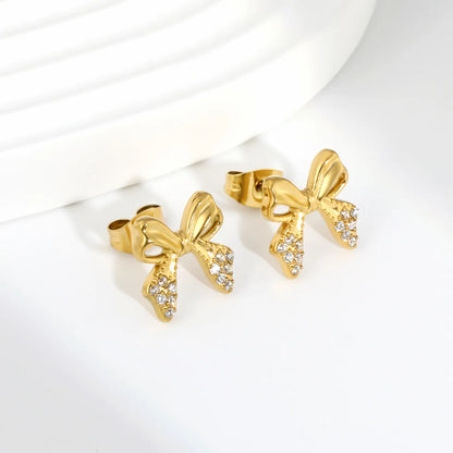 Hypoallergenic Stainless Steel Bow Stud Earrings | 18K Gold Plated with CZ Accents | Wholesale Bulk MOQ 12