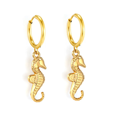 18K Gold Plated Seahorse Charm Hoop Earrings | Hypoallergenic Stainless Steel | Wholesale Bulk Order MOQ 12