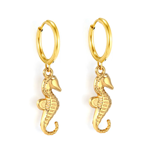 18K Gold Plated Seahorse Charm Hoop Earrings | Hypoallergenic Stainless Steel | Wholesale Bulk Order MOQ 12