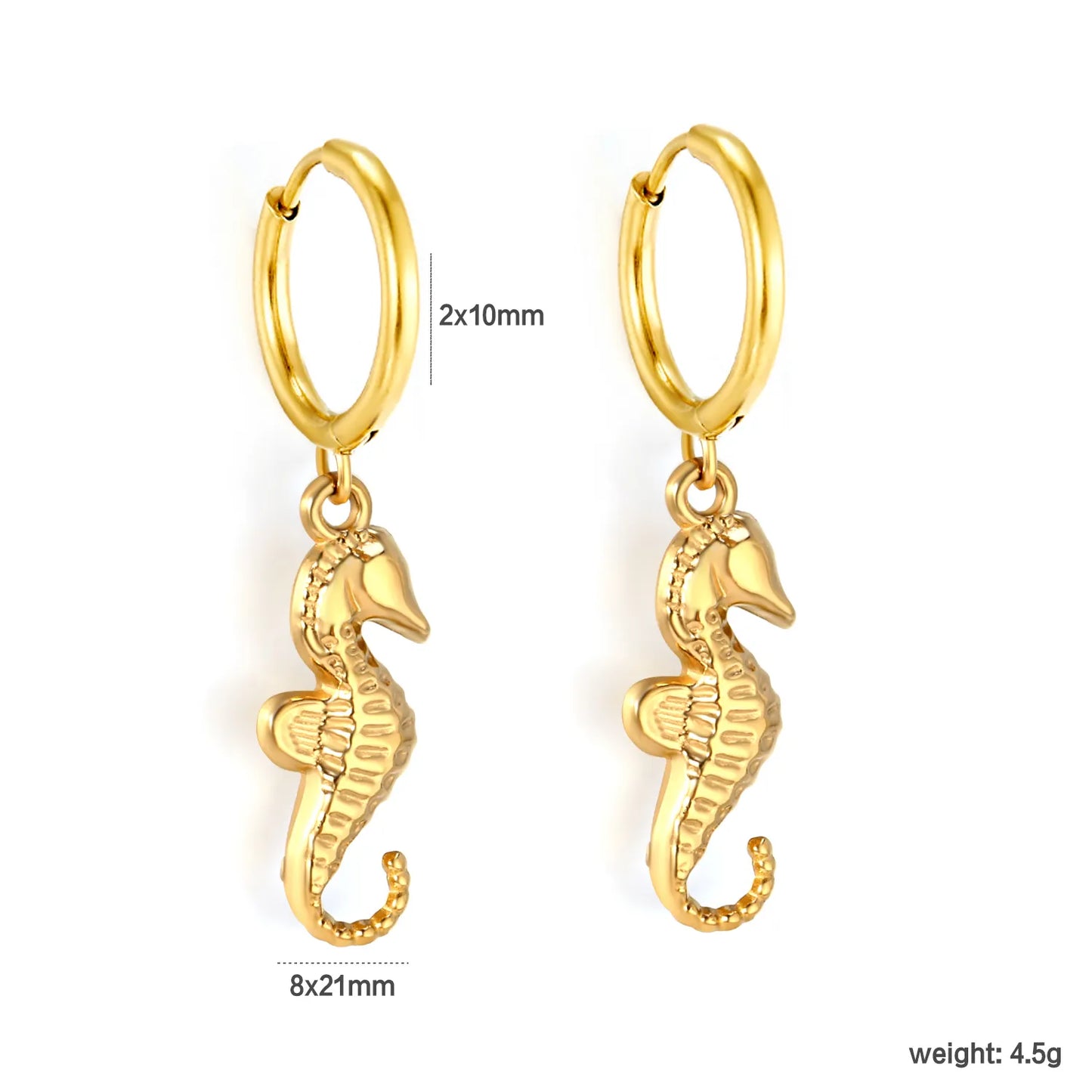 18K Gold Plated Seahorse Charm Hoop Earrings | Hypoallergenic Stainless Steel | Wholesale Bulk Order MOQ 12
