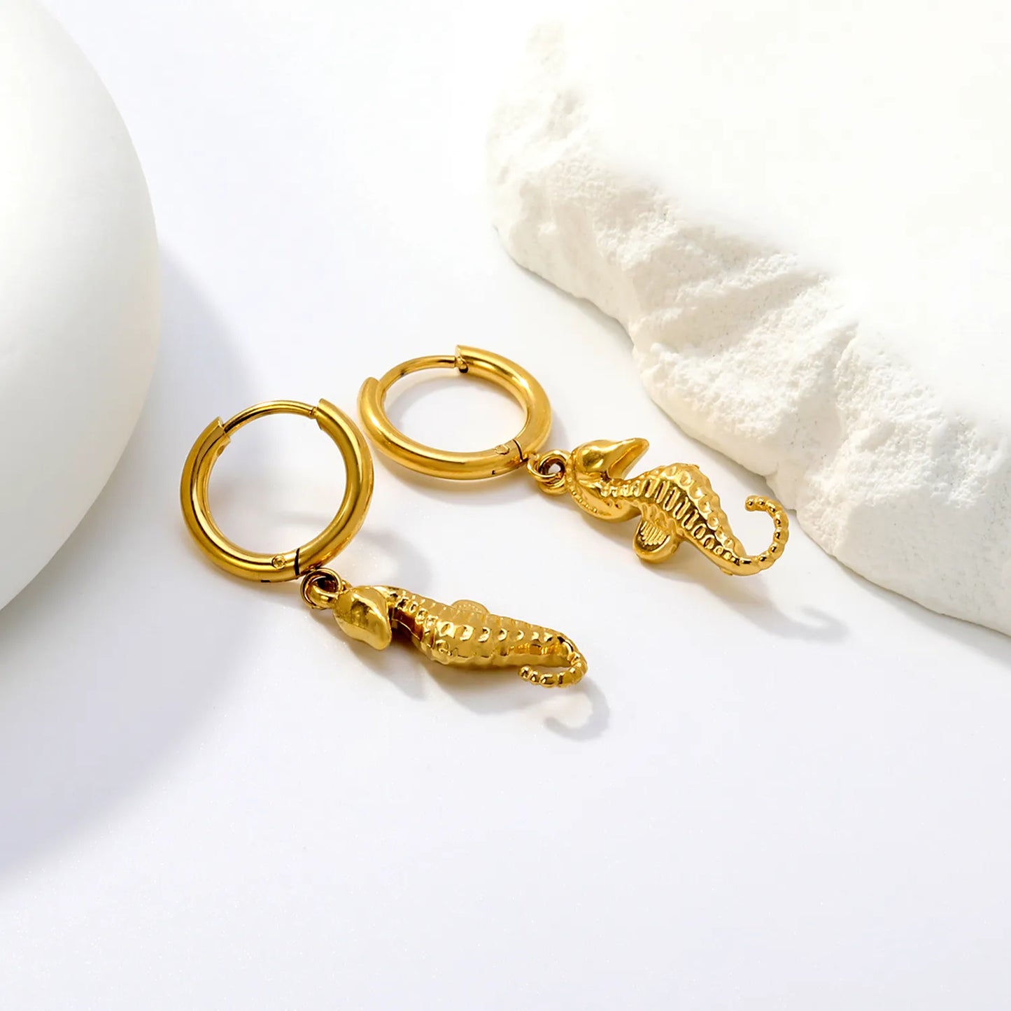 18K Gold Plated Seahorse Charm Hoop Earrings | Hypoallergenic Stainless Steel | Wholesale Bulk Order MOQ 12