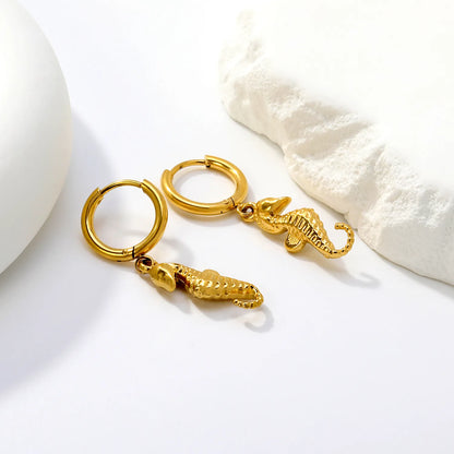 18K Gold Plated Seahorse Charm Hoop Earrings | Hypoallergenic Stainless Steel | Wholesale Bulk Order MOQ 12