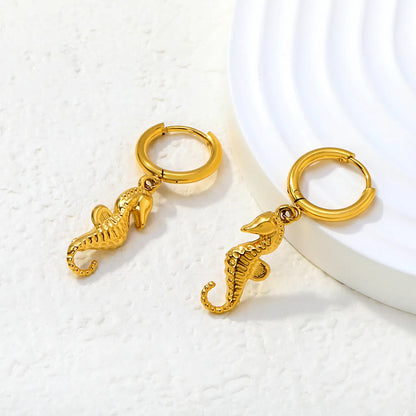 18K Gold Plated Seahorse Charm Hoop Earrings | Hypoallergenic Stainless Steel | Wholesale Bulk Order MOQ 12