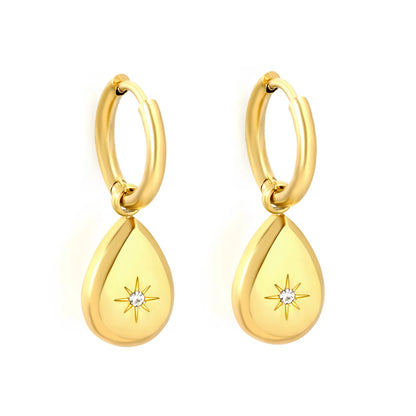 Teardrop Starburst CZ Charm Hoop Earrings | 18K Gold Plated Stainless Steel | Wholesale Bulk MOQ 12
