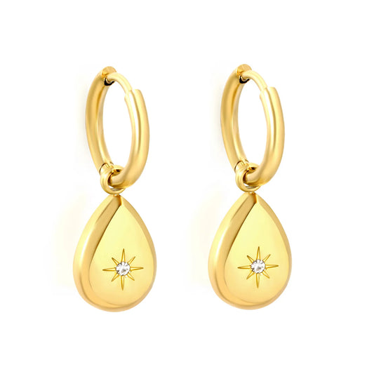 Teardrop Starburst CZ Charm Hoop Earrings | 18K Gold Plated Stainless Steel | Wholesale Bulk MOQ 12