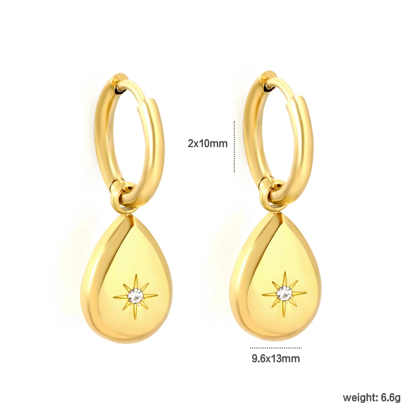 Teardrop Starburst CZ Charm Hoop Earrings | 18K Gold Plated Stainless Steel | Wholesale Bulk MOQ 12
