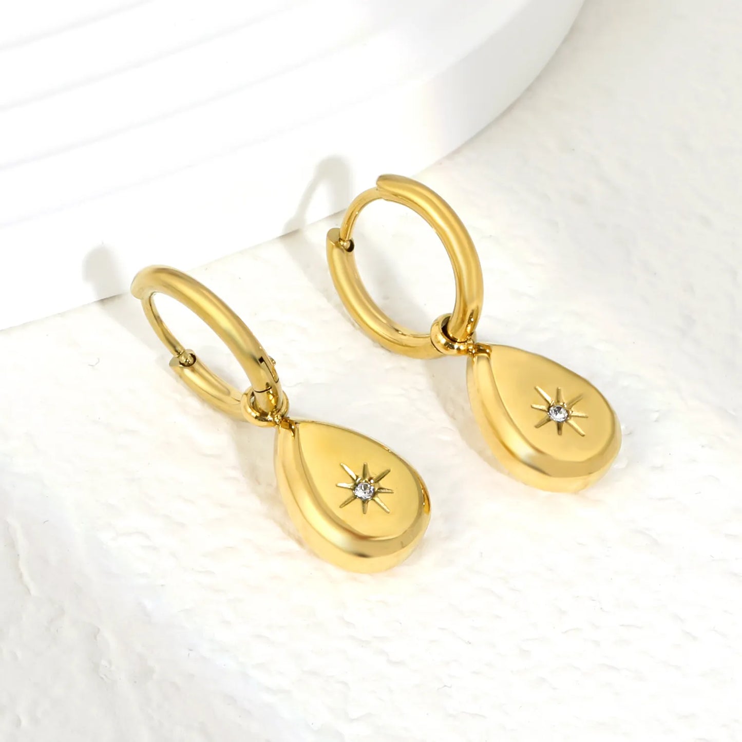 Teardrop Starburst CZ Charm Hoop Earrings | 18K Gold Plated Stainless Steel | Wholesale Bulk MOQ 12