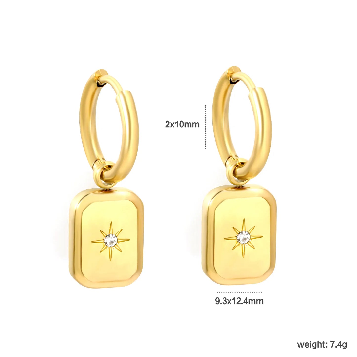 Starburst CZ Rectangle Charm Hoop Earrings | 18K Gold Plated Stainless Steel | Wholesale Bulk Order MOQ 12