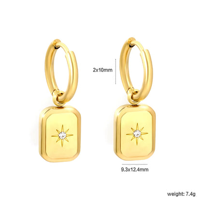 Starburst CZ Rectangle Charm Hoop Earrings | 18K Gold Plated Stainless Steel | Wholesale Bulk Order MOQ 12