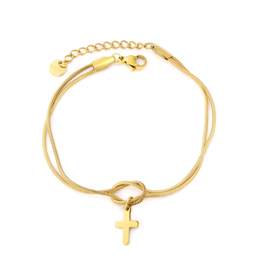 Wholesale Cross Charm Double Layer Stainless Steel Bracelet for Women | 18K Gold Plated & Silver Plated Knot Snake Chain Jewelry