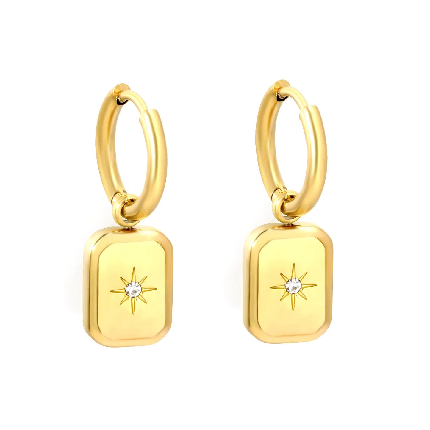 Starburst CZ Rectangle Charm Hoop Earrings | 18K Gold Plated Stainless Steel | Wholesale Bulk Order MOQ 12