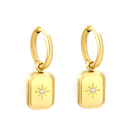 Starburst CZ Rectangle Charm Hoop Earrings | 18K Gold Plated Stainless Steel | Wholesale Bulk Order MOQ 12