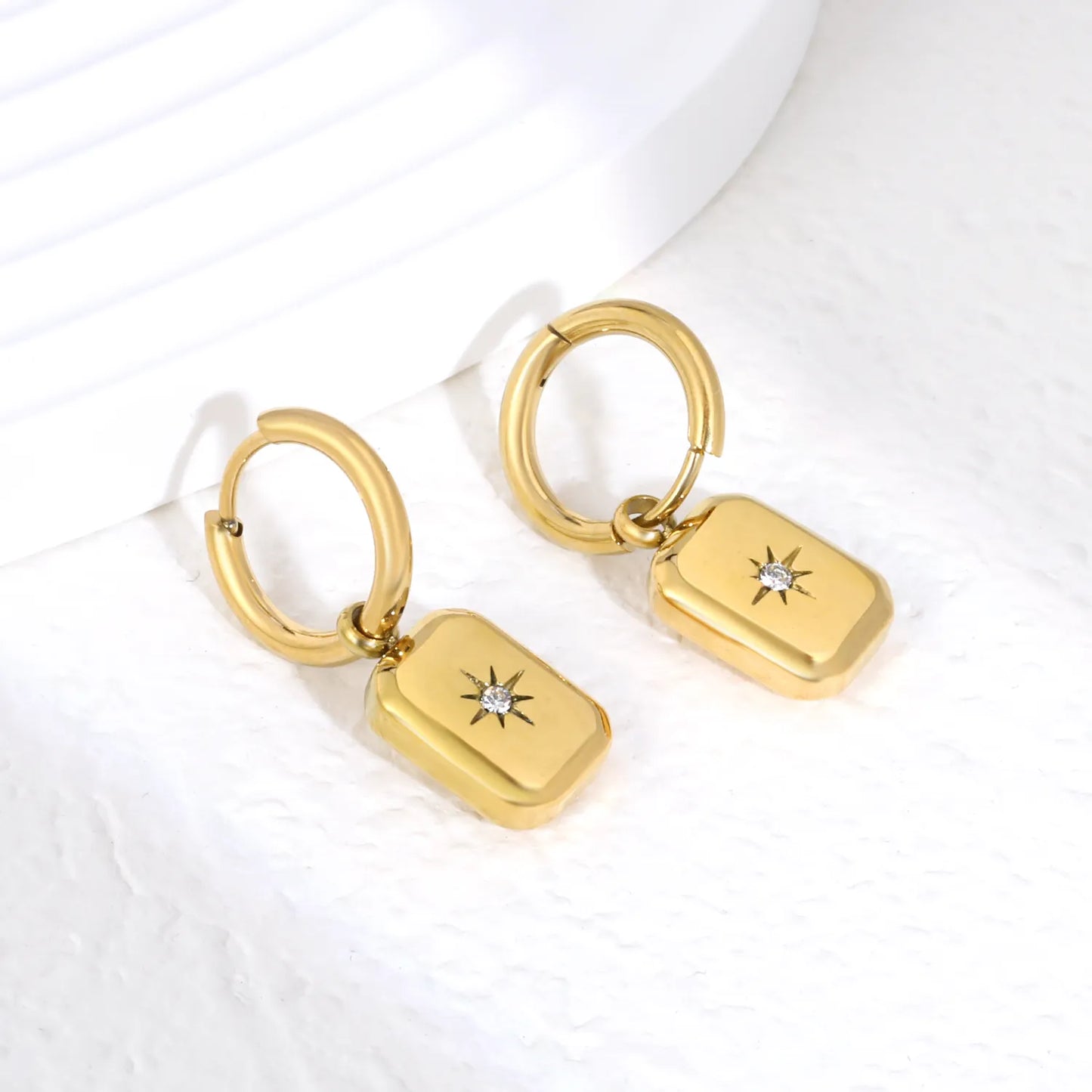 Starburst CZ Rectangle Charm Hoop Earrings | 18K Gold Plated Stainless Steel | Wholesale Bulk Order MOQ 12