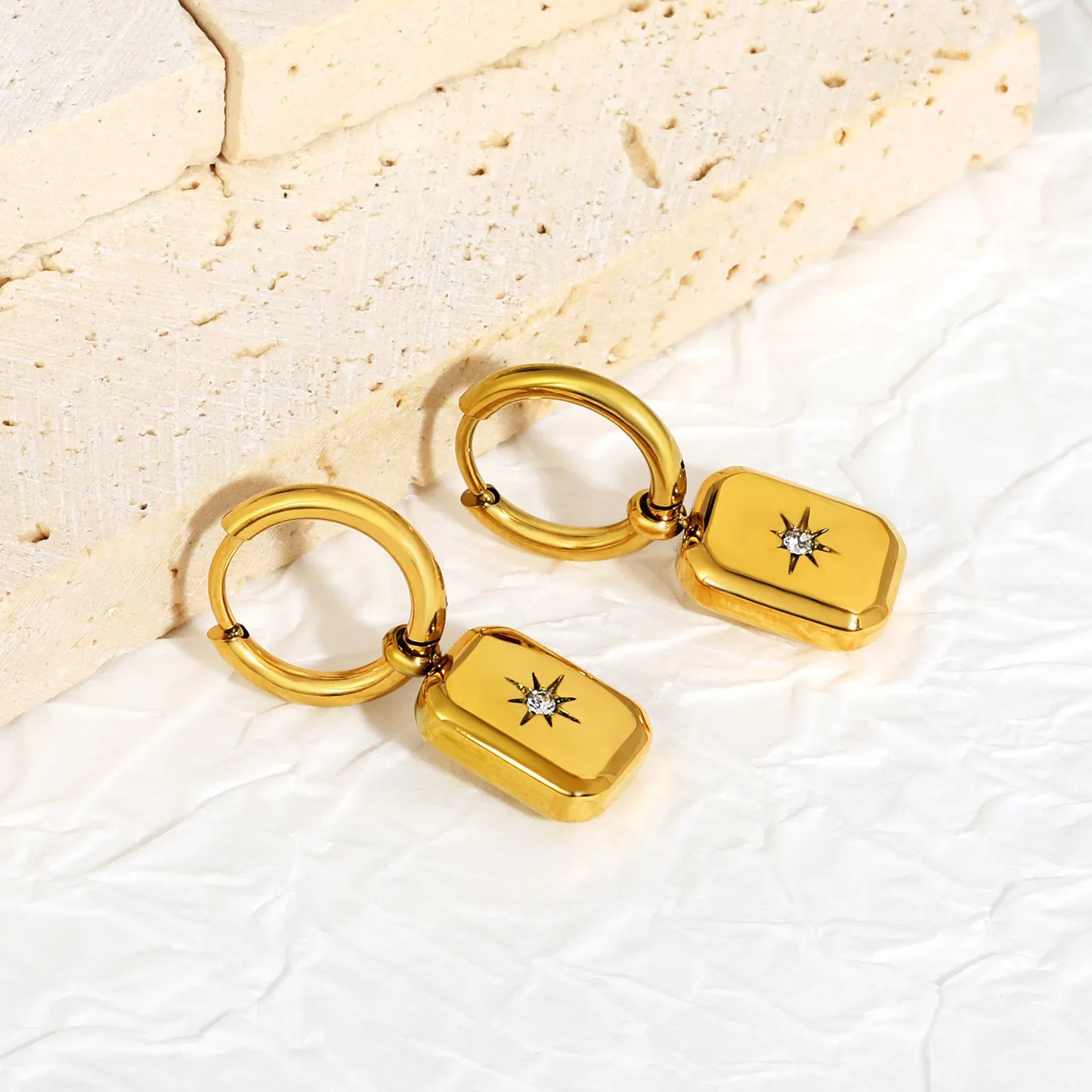 Starburst CZ Rectangle Charm Hoop Earrings | 18K Gold Plated Stainless Steel | Wholesale Bulk Order MOQ 12