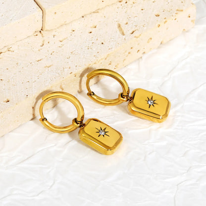 Starburst CZ Rectangle Charm Hoop Earrings | 18K Gold Plated Stainless Steel | Wholesale Bulk Order MOQ 12