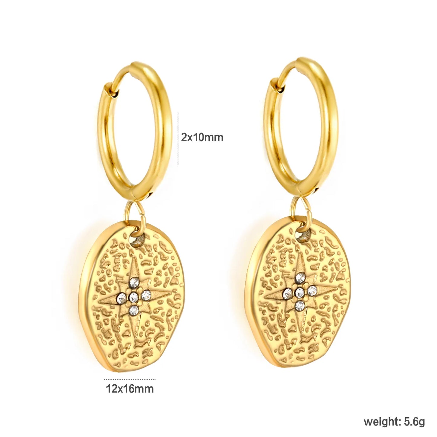 Hammered Starburst CZ Coin Hoop Earrings | 18K Gold Plated Stainless Steel | Wholesale Bulk Order MOQ 12