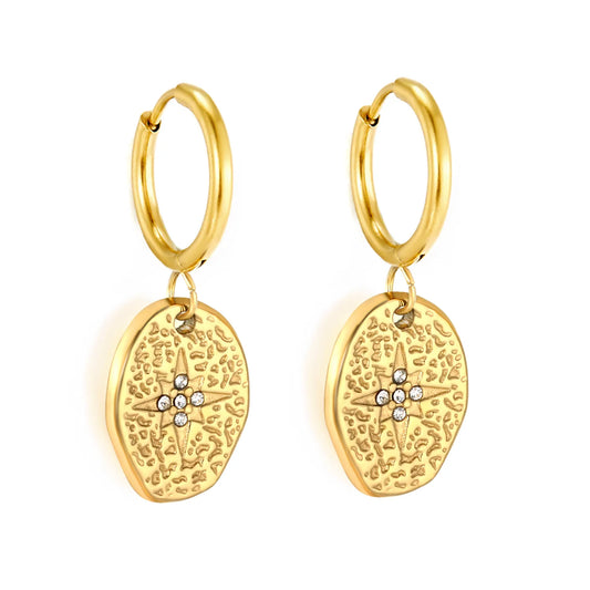 Hammered Starburst CZ Coin Hoop Earrings | 18K Gold Plated Stainless Steel | Wholesale Bulk Order MOQ 12