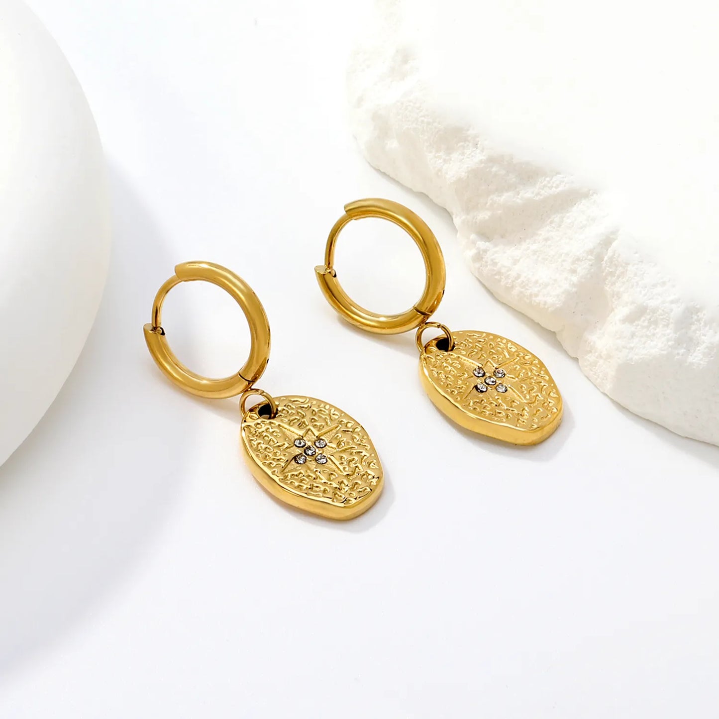Hammered Starburst CZ Coin Hoop Earrings | 18K Gold Plated Stainless Steel | Wholesale Bulk Order MOQ 12