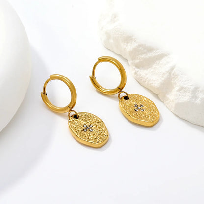 Hammered Starburst CZ Coin Hoop Earrings | 18K Gold Plated Stainless Steel | Wholesale Bulk Order MOQ 12