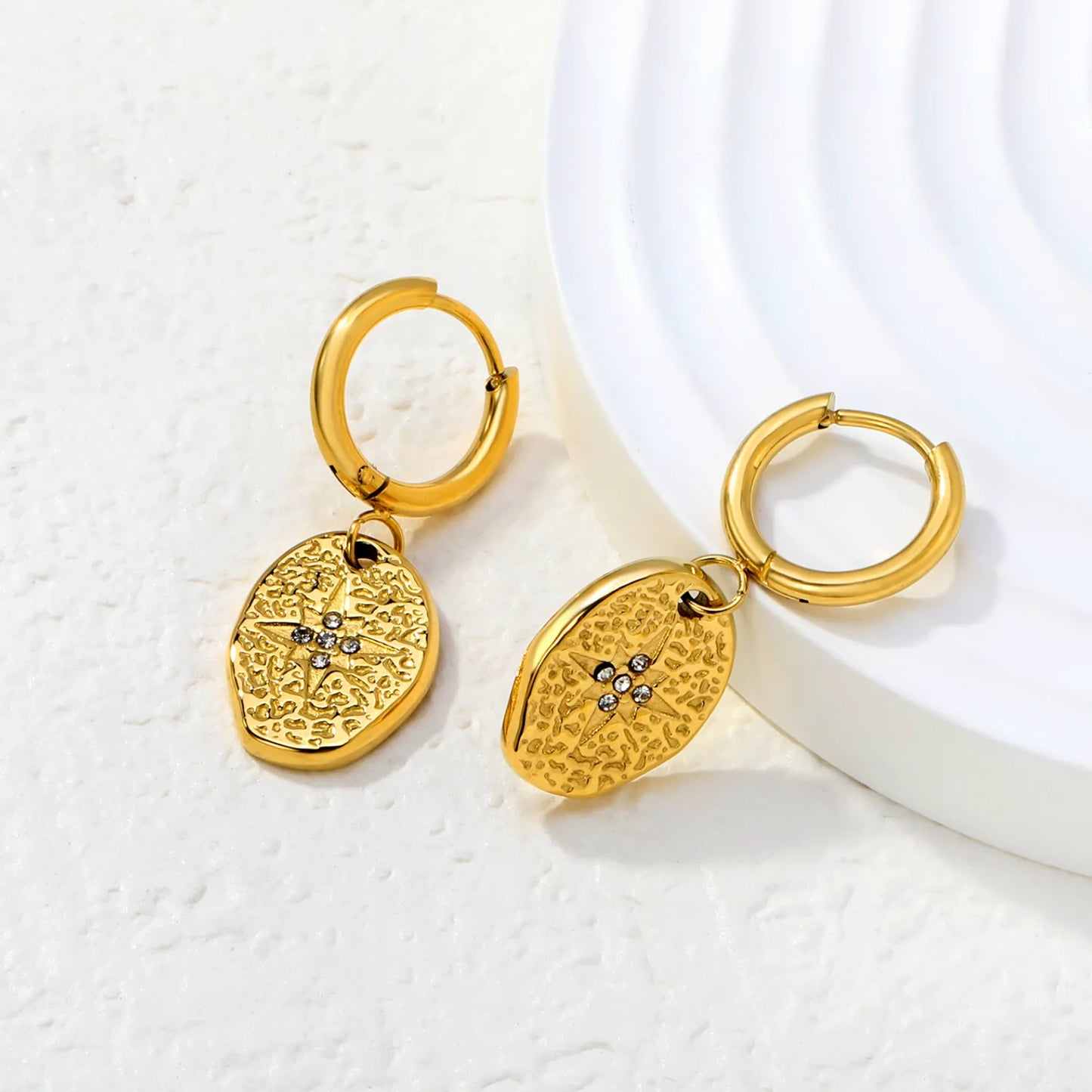 Hammered Starburst CZ Coin Hoop Earrings | 18K Gold Plated Stainless Steel | Wholesale Bulk Order MOQ 12