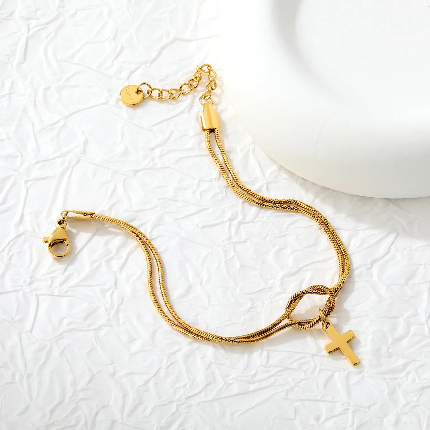 Wholesale Cross Charm Double Layer Stainless Steel Bracelet for Women | 18K Gold Plated & Silver Plated Knot Snake Chain Jewelry