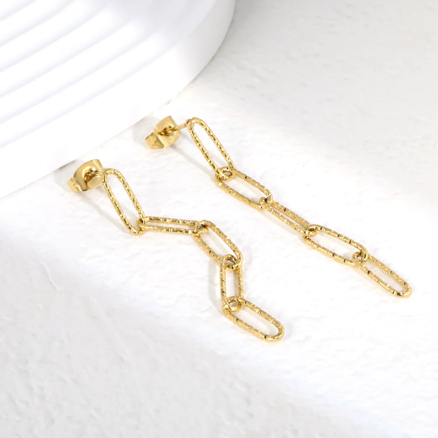 Textured Paperclip Chain Drop Earrings | 18K Gold Plated Stainless Steel | Wholesale Bulk Order MOQ 12
