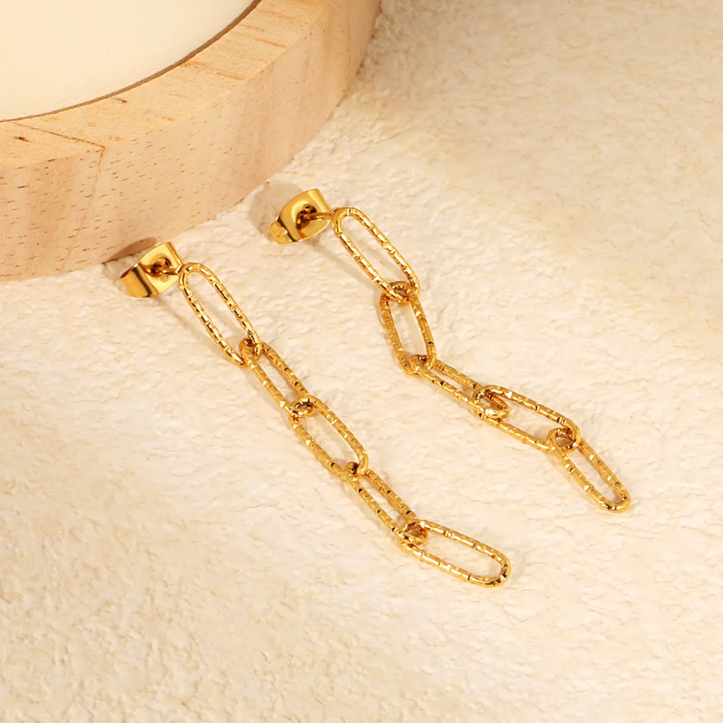 Textured Paperclip Chain Drop Earrings | 18K Gold Plated Stainless Steel | Wholesale Bulk Order MOQ 12